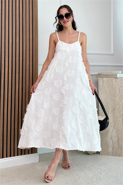 Dokulu Askılı Elbise - BEYAZ