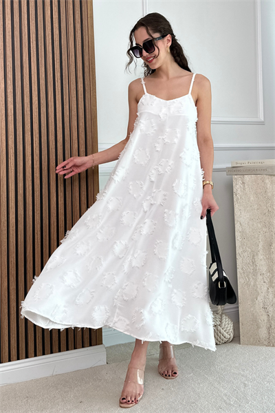 Dokulu Askılı Elbise - BEYAZ