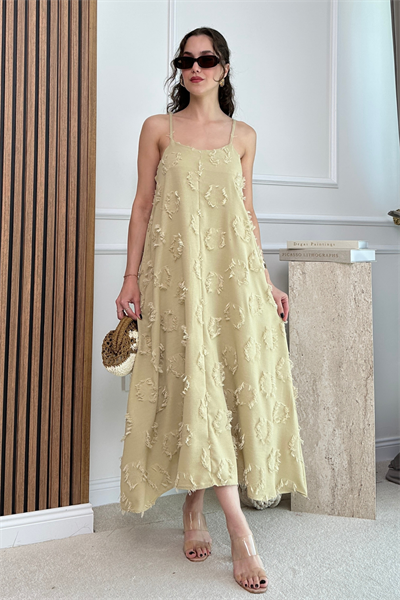 Dokulu Askılı Elbise - HAKİ