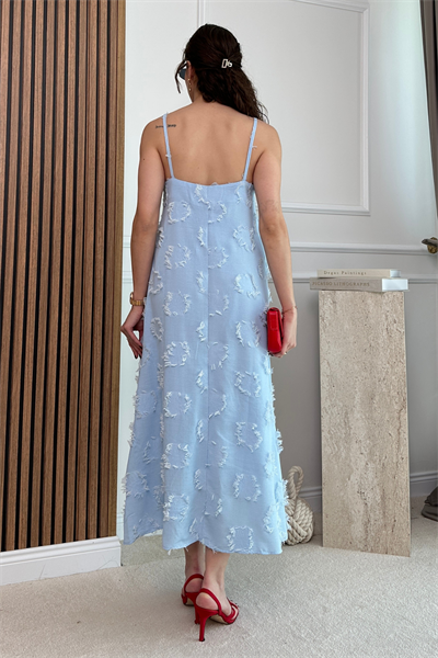 Dokulu Askılı Elbise - MAVİ