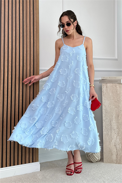 Dokulu Askılı Elbise - MAVİ