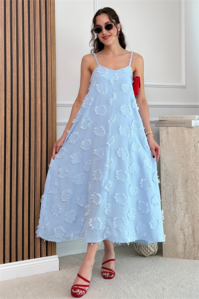 Dokulu Askılı Elbise - MAVİ