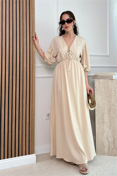 Dokulu Elbise - KREM