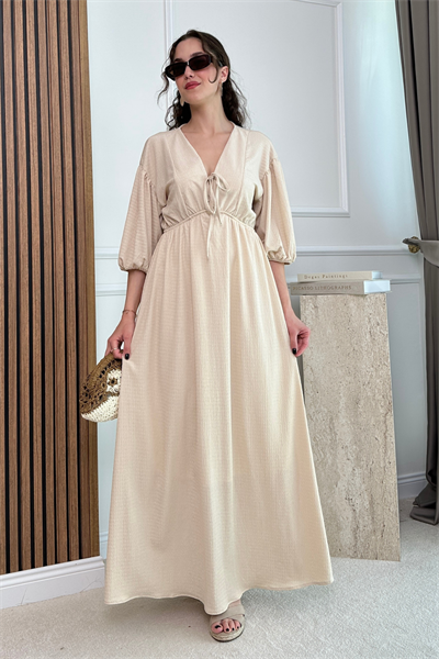 Dokulu Elbise - KREM