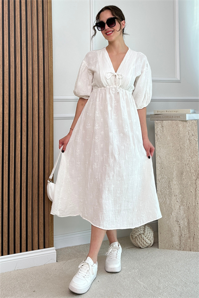 Dokulu Müslin Elbise - BEYAZ