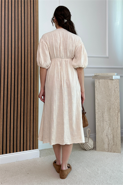 Dokulu Müslin Elbise - KREM