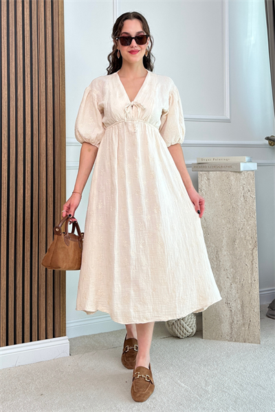 Dokulu Müslin Elbise - KREM