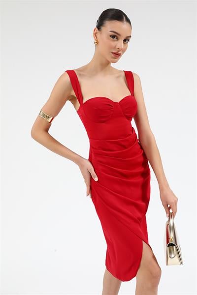 Drapeli Kalem Elbise - KIRMIZI