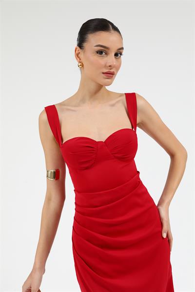 Drapeli Kalem Elbise - KIRMIZI