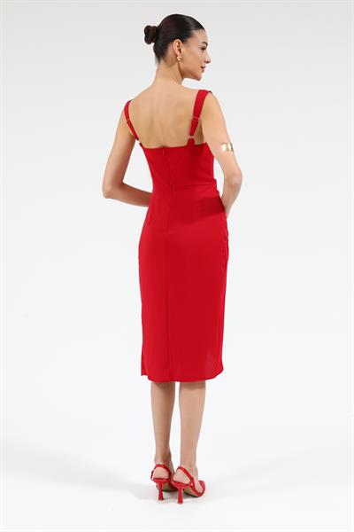 Drapeli Kalem Elbise - KIRMIZI