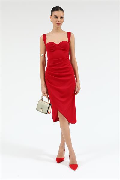 Drapeli Kalem Elbise - KIRMIZI