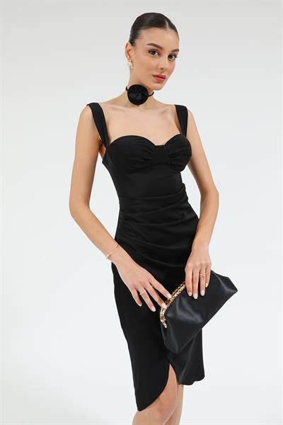 Drapeli Kalem Elbise - SİYAH