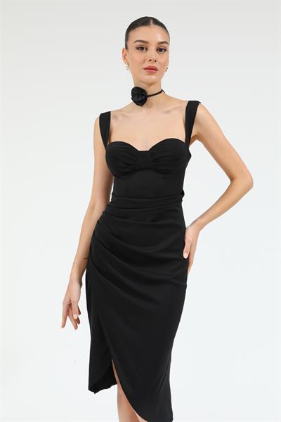 Drapeli Kalem Elbise - SİYAH