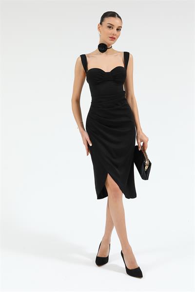 Drapeli Kalem Elbise - SİYAH