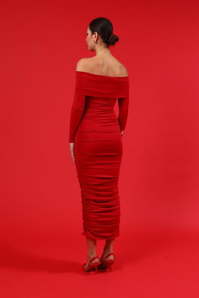 Drapeli Midi Elbise - KIRMIZI