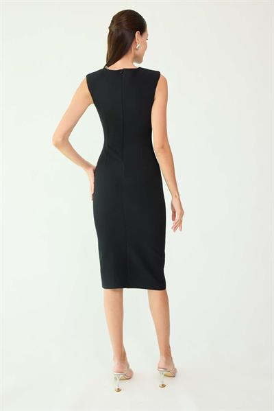 Drapeli Taşlı Elbise - SİYAH