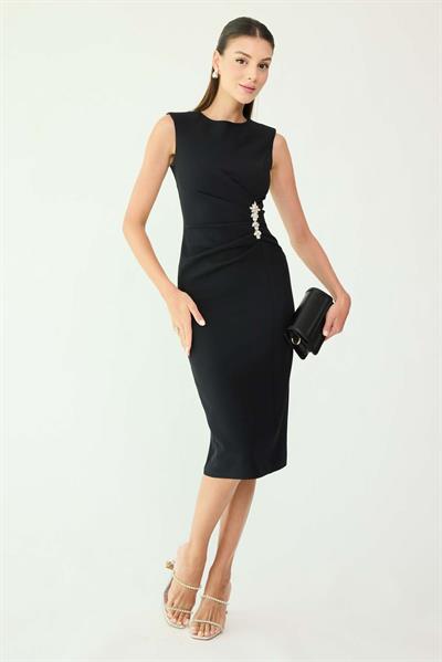 Drapeli Taşlı Elbise - SİYAH