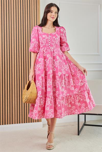 Düğmeli Fisto Elbise - PEMBE