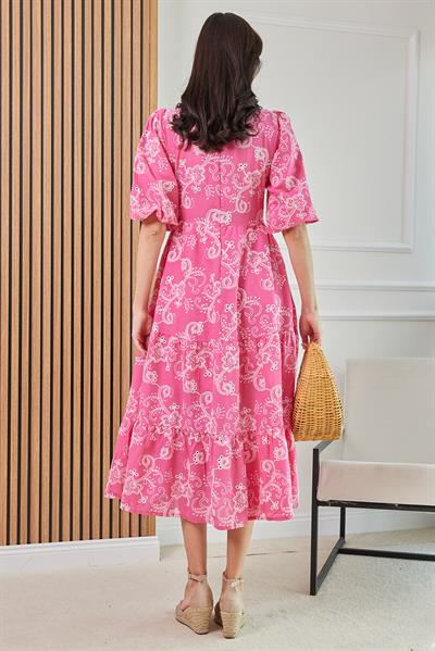 Düğmeli Fisto Elbise - PEMBE