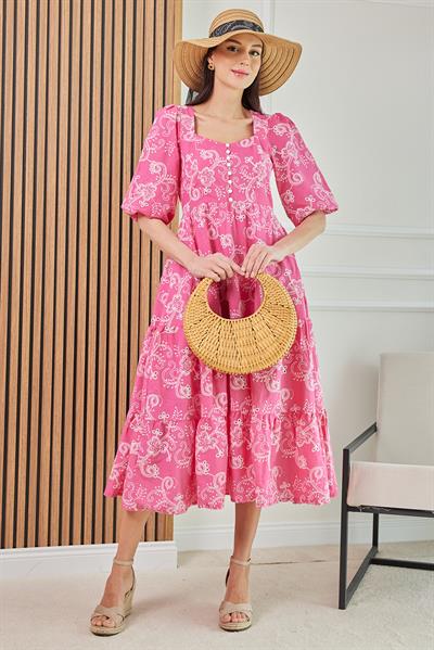 Düğmeli Fisto Elbise - PEMBE