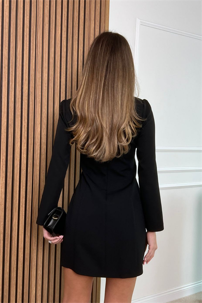 Düğmeli Kısa Elbise - SİYAH