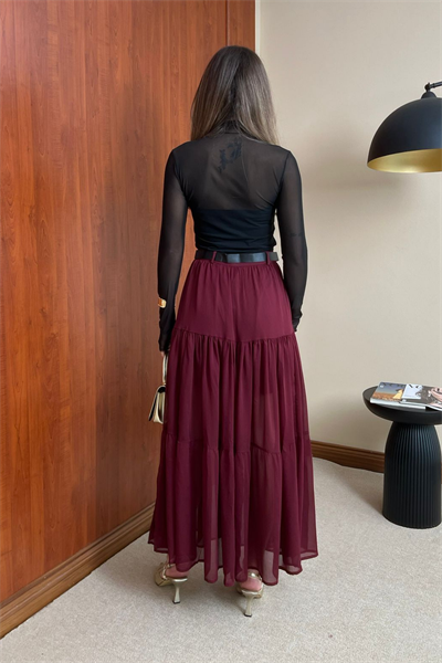 Düğmeli Şifon Etek - BORDO