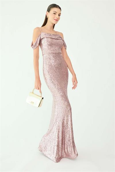 Düşük Omuz Payetli Abiye - PUDRA