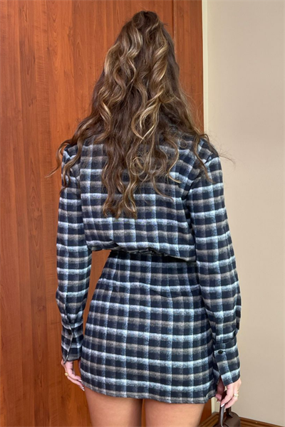 Ekose Desenli Elbise - MAVİ