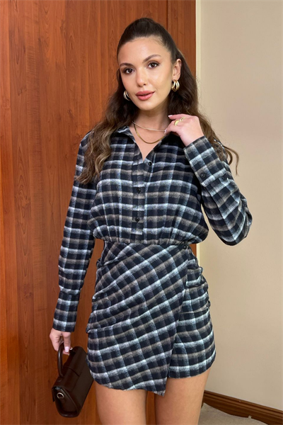 Ekose Desenli Elbise - MAVİ