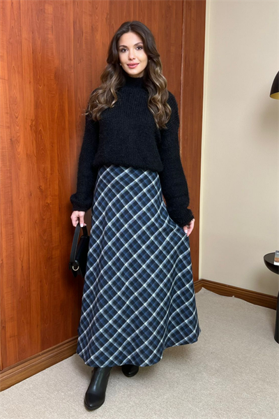 Ekoseli Maxi Etek - LACİVERT