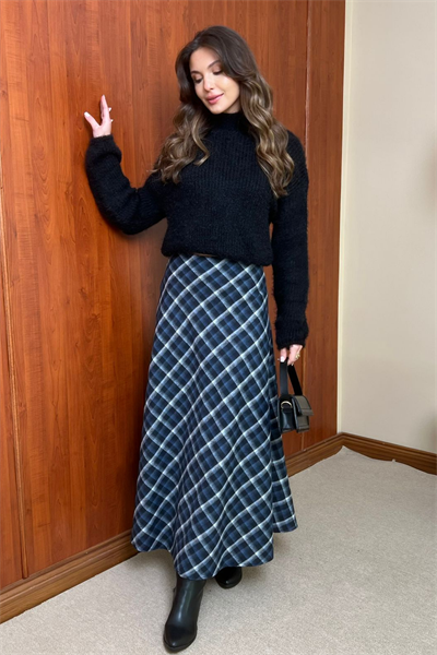 Ekoseli Maxi Etek - LACİVERT