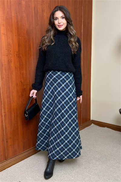 Ekoseli Maxi Etek - LACİVERT