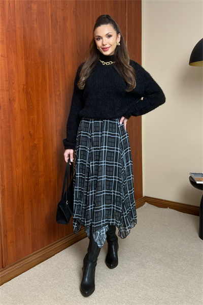 Ekoseli Şifon Etek - LACİVERT