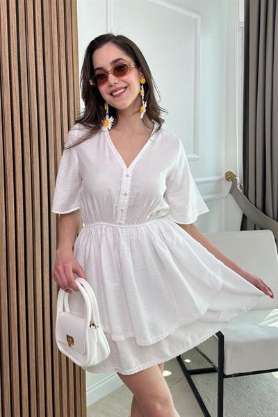 Etek Katlı Elbise - BEYAZ