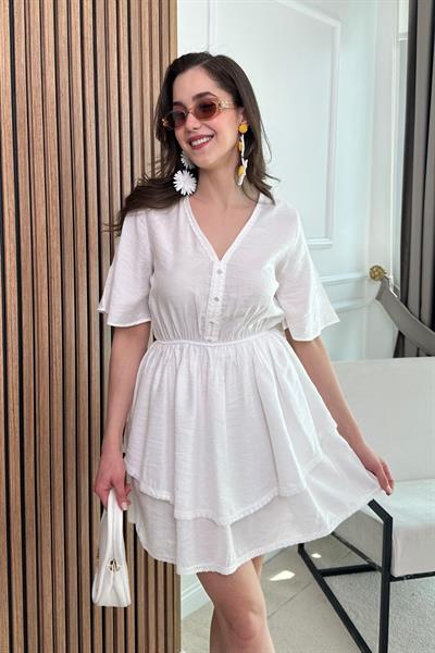 Etek Katlı Elbise - BEYAZ