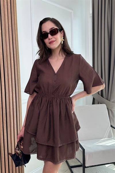 Etek Katlı Elbise - KAHVERENGİ