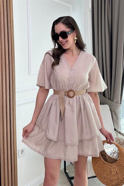 Etek Katlı Elbise - KREM