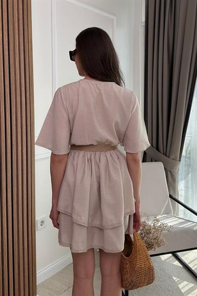 Etek Katlı Elbise - KREM