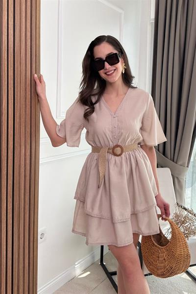 Etek Katlı Elbise - KREM