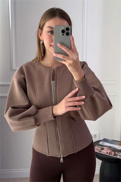 Oys Fermuarlı Crop Sweat - KAHVERENGİ