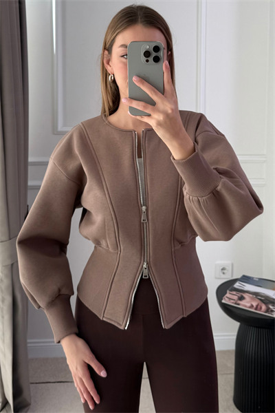 Oys Fermuarlı Crop Sweat - KAHVERENGİ