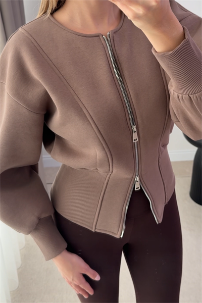 Oys Fermuarlı Crop Sweat - KAHVERENGİ