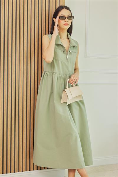 Fermuarlı Maxi Elbise - HAKİ