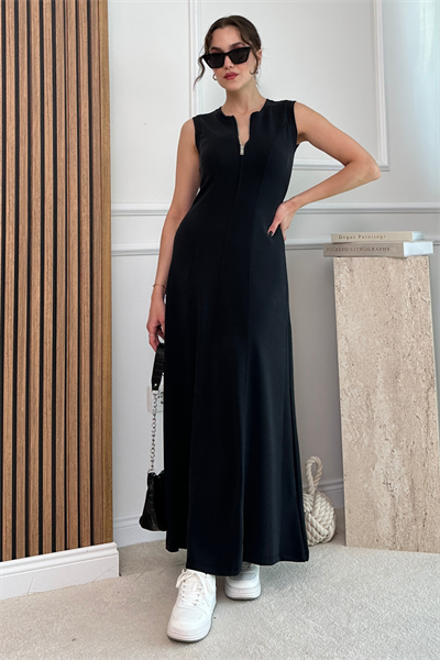 Fermuarlı Modal Elbise - SİYAH