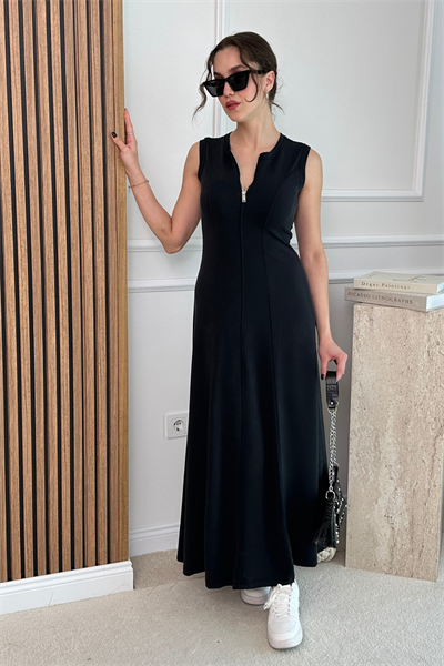 Fermuarlı Modal Elbise - SİYAH