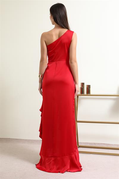 Fırfırlı Gece Elbisesi - KIRMIZI