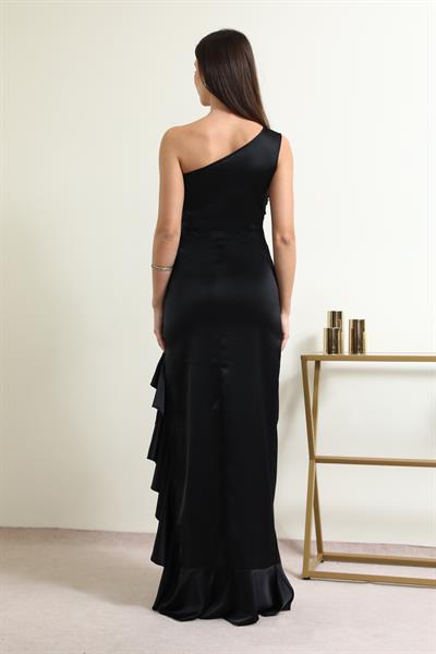 Fırfırlı Gece Elbisesi - SİYAH