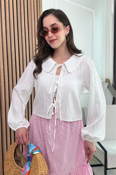 Fiyonklu Crop Bluz - BEYAZ