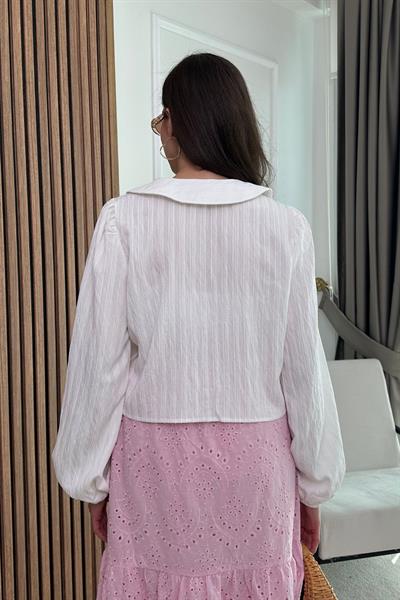 Fiyonklu Crop Bluz - BEYAZ