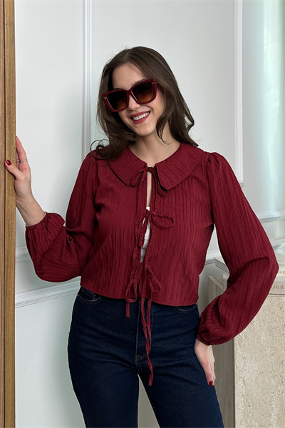 Fiyonklu Crop Bluz - BORDO